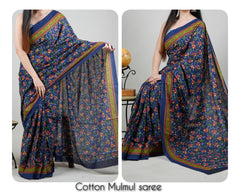 Bagru Natural Hand Block Print Cotton Mulmul Saree With Blouse