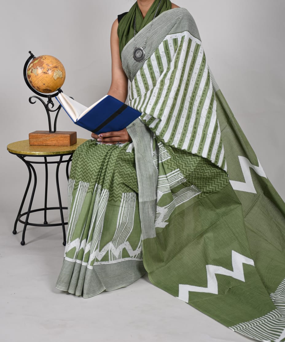 Bagru Natural Hand Block Print Cotton Mulmul Saree With Blouse