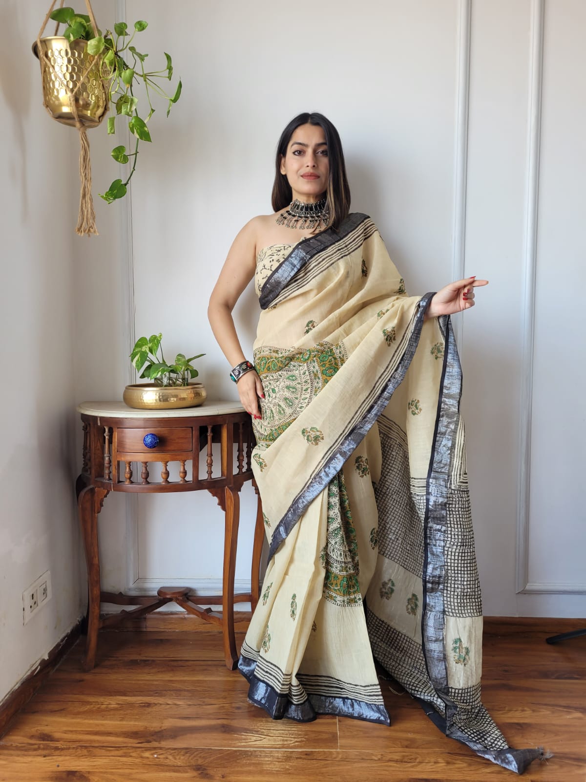 Bagru Hand Block Printed Linen Saree With Blouse