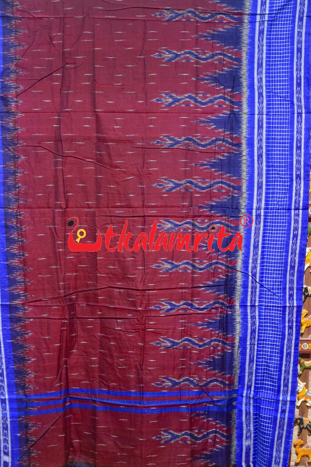Maroon Blue Check Daali Scot Khandua Cotton Saree