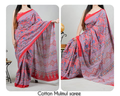 Bagru Natural Hand Block Print Cotton Mulmul Saree With Blouse Style 1