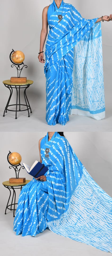 Bagru Natural Hand Block Print Cotton Mulmul Saree With Blouse Style 2