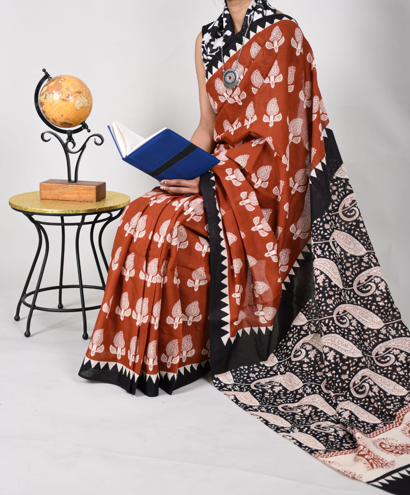 Bagru Natural Hand Block Print Cotton Mulmul Saree With Blouse Style 1
