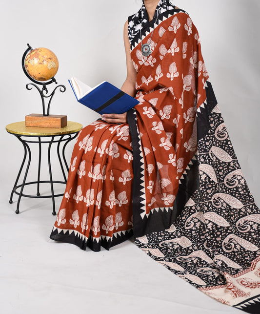 Bagru Natural Hand Block Print Cotton Mulmul Saree With Blouse Style 1