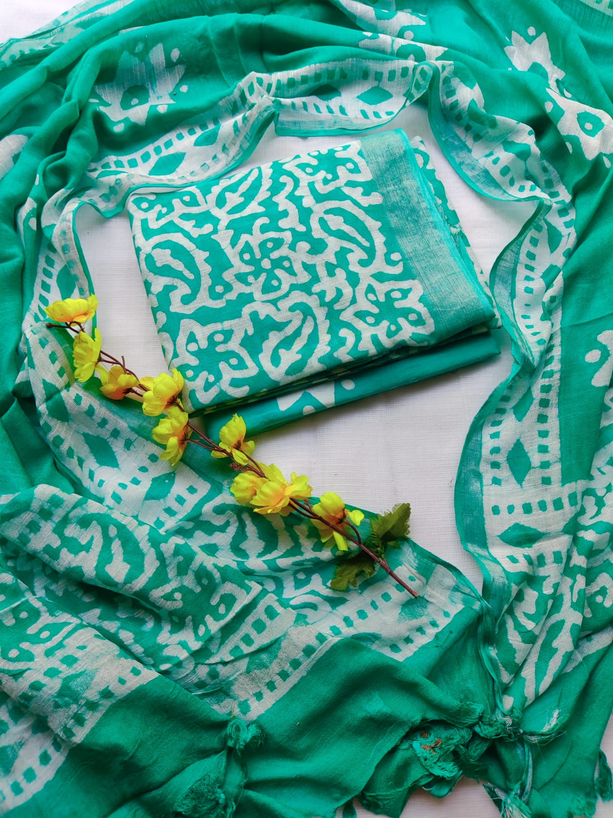 Bagru Hand Block Printed Linen Suit Material With Zari Border