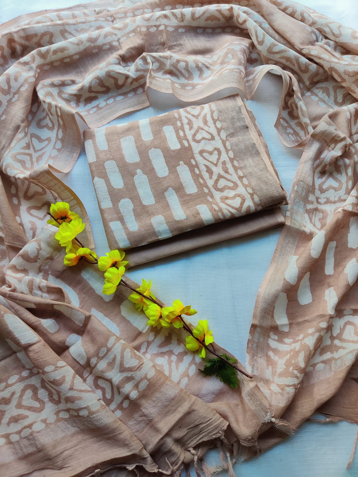 Bagru Hand Block Printed Linen Suit Material With Zari Border