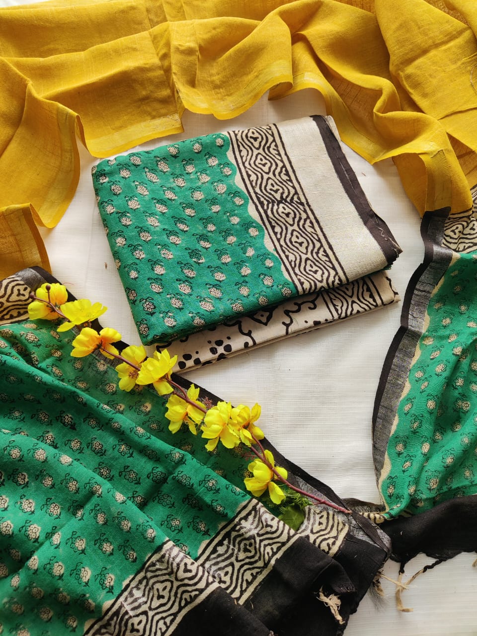 Bagru Hand Block Printed Linen Suit Material With Zari Border