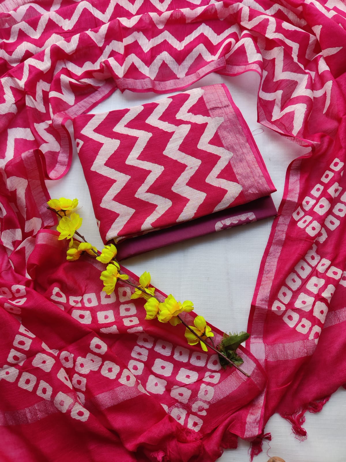 Bagru Hand Block Printed Linen Suit Material With Zari Border