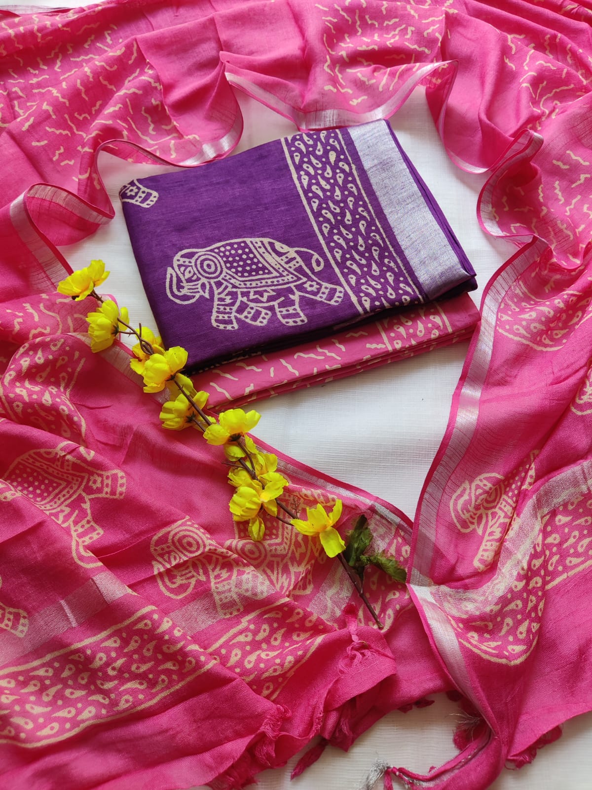 Bagru Hand Block Printed Linen Suit Material With Zari Border