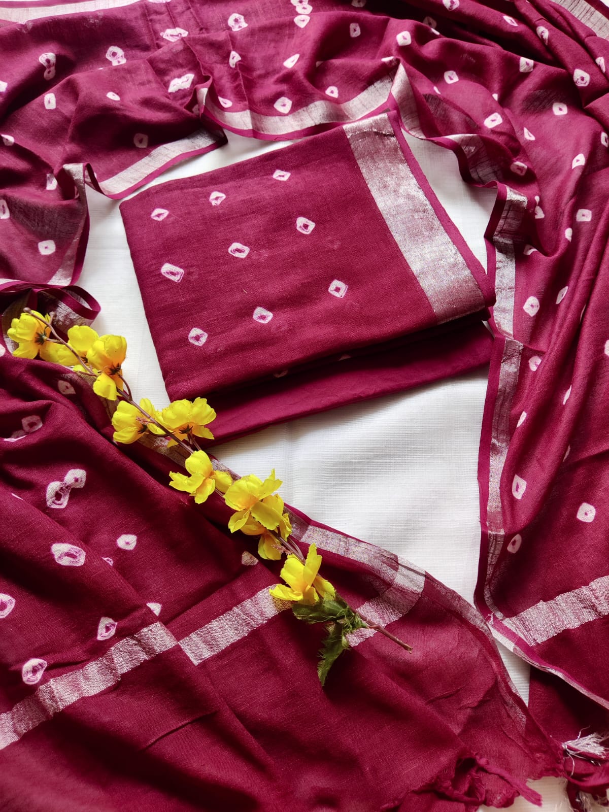 Bagru Hand Block Printed Linen Suit Material With Zari Border