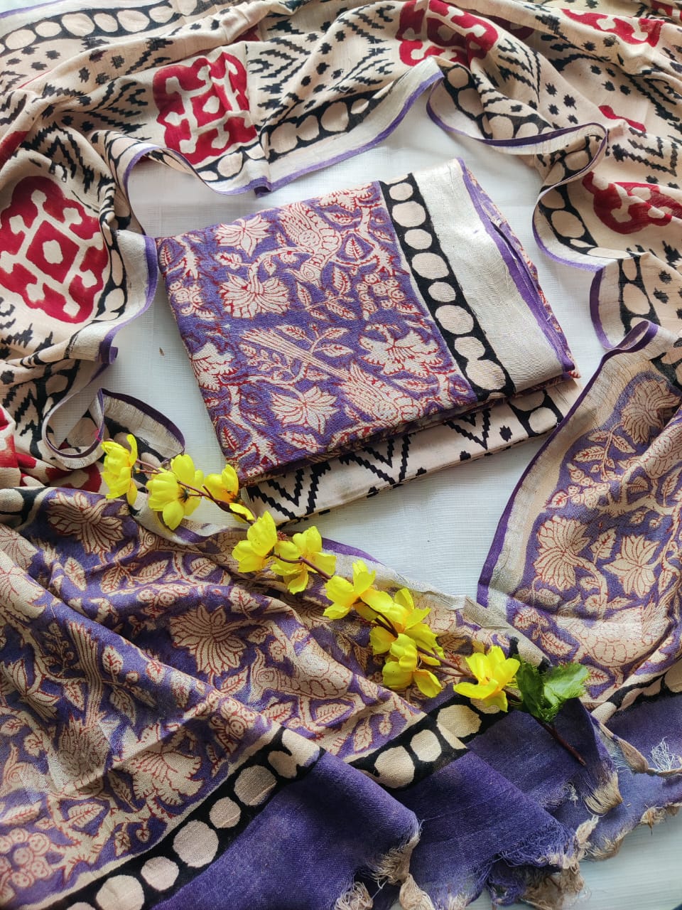 Bagru Hand Block Printed Linen Suit Material With Zari Border