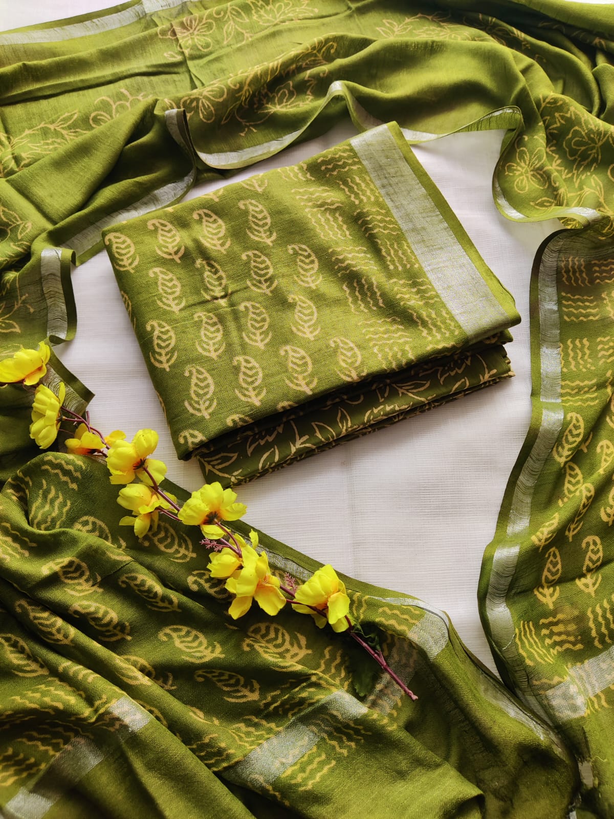 Bagru Hand Block Printed Linen Suit Material With Zari Border