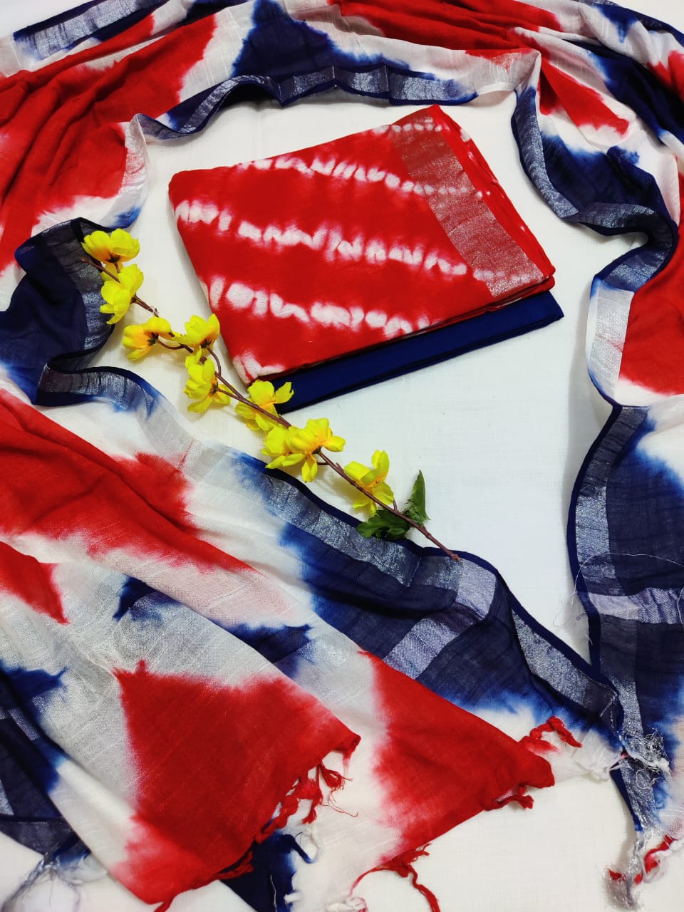 Bagru Hand Block Printed Linen Suit Material With Zari Border