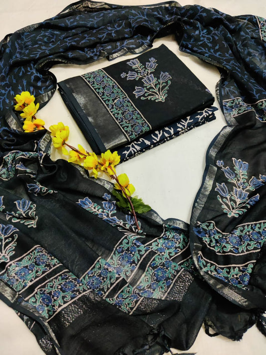 Bagru Hand Block Printed Linen Suit Material With Zari Border Style 2
