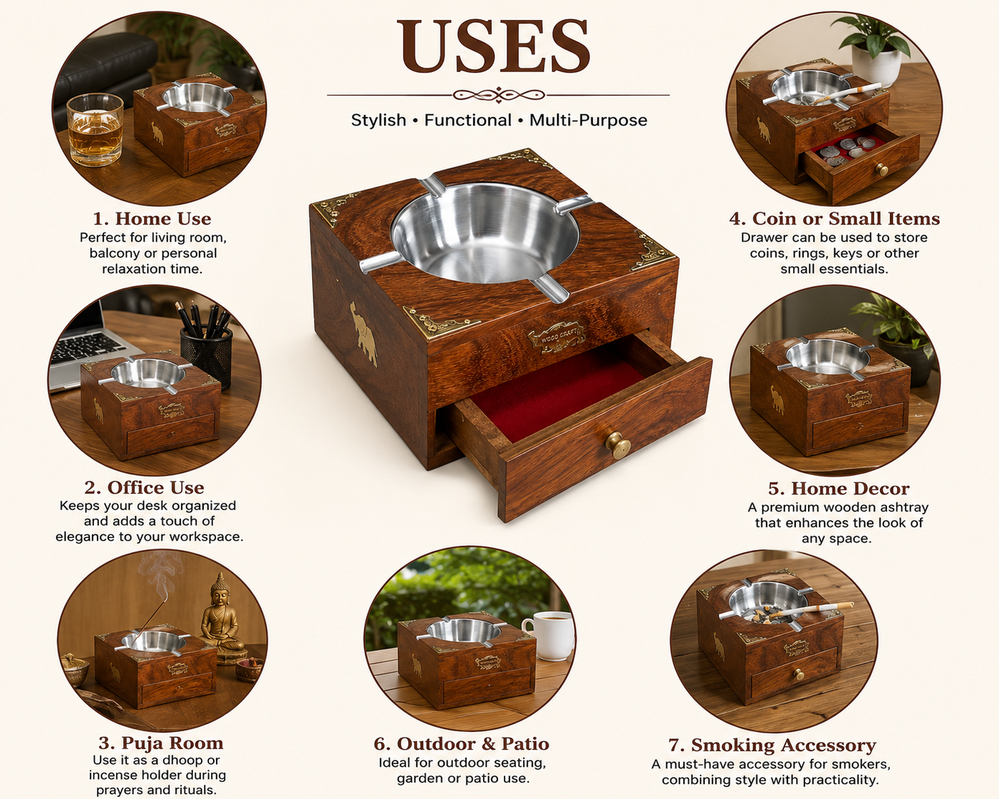 Wooden Ashtray With Stell Bowl