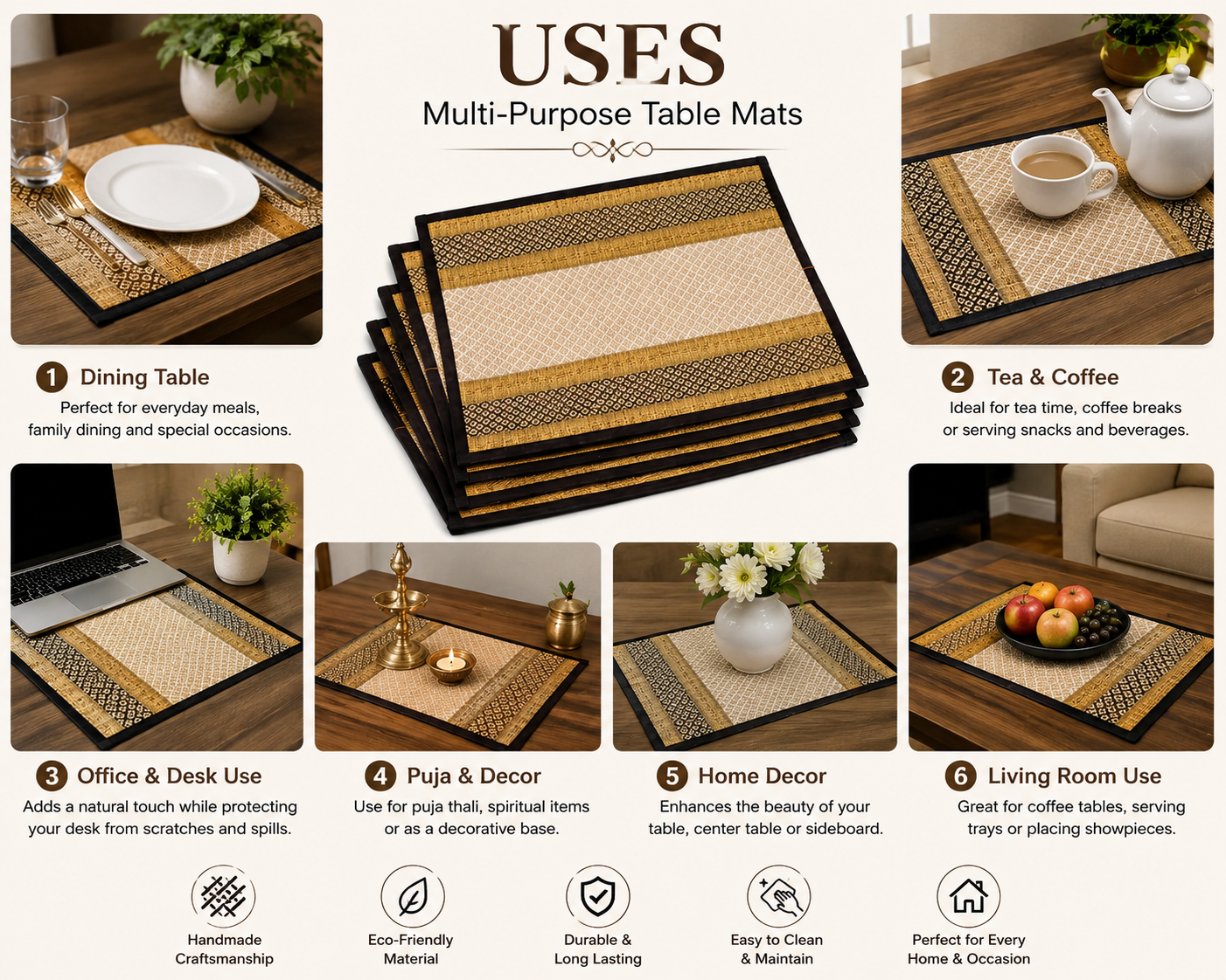 Runner With 6 Table Mats - Brown