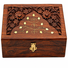 Wooden Handmade Brass And Carving Jewellery Box - 8X5 Inch
