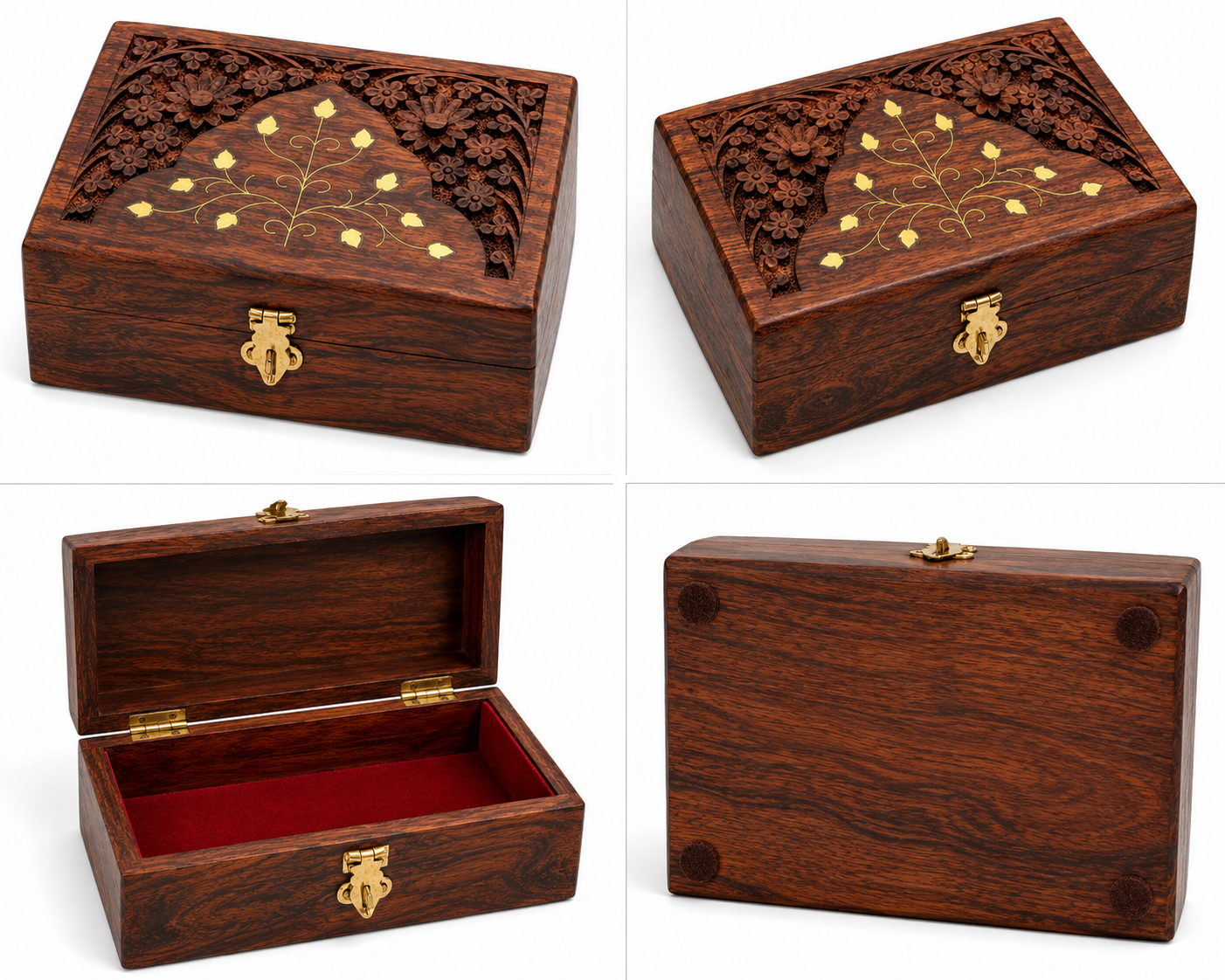 Wooden Handmade Brass And Carving Jewellery Box - 8X5 Inch