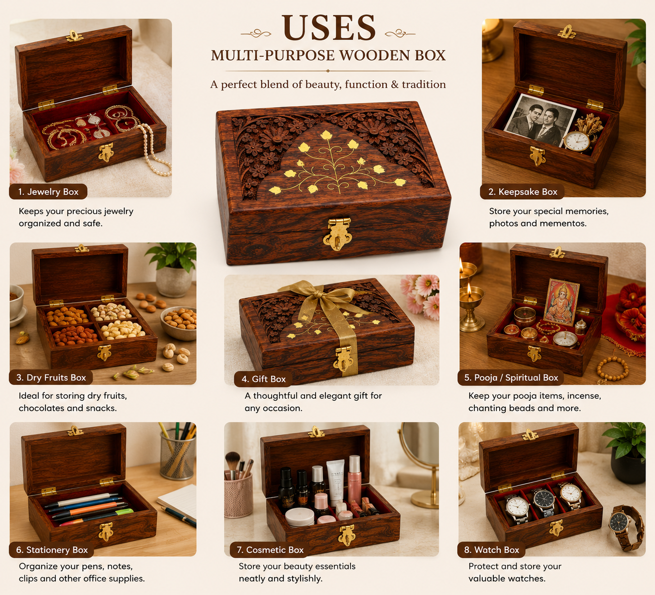 Wooden Handmade Brass And Carving Jewellery Box - 6X4 Inch
