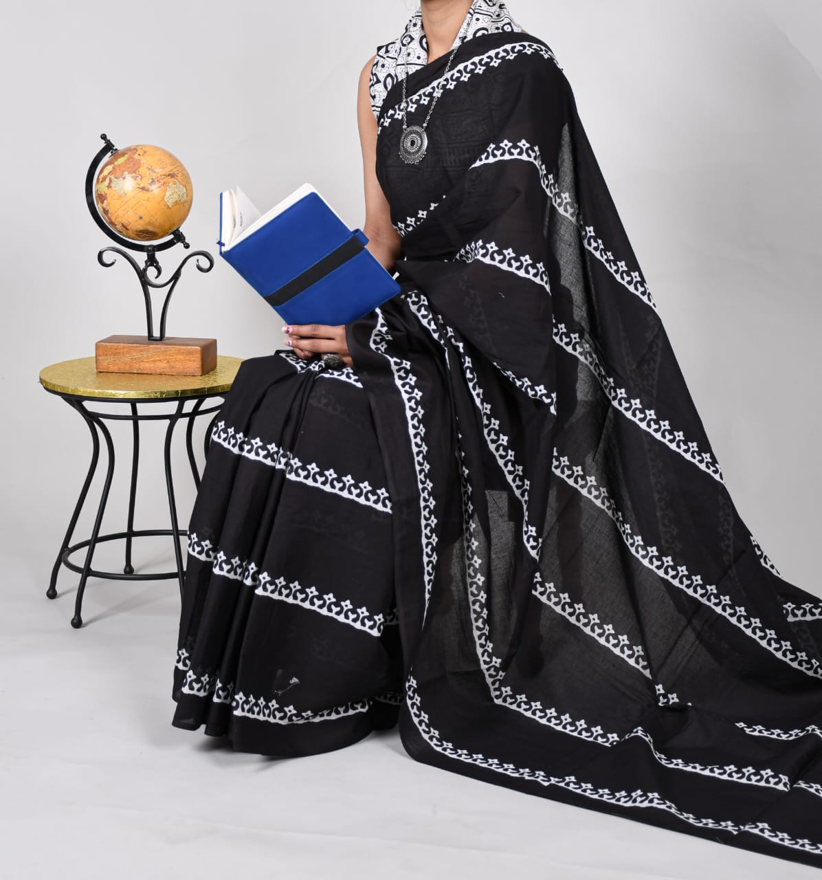 Bagru Natural Hand Block Print Cotton Mulmul Saree With Blouse Style 1