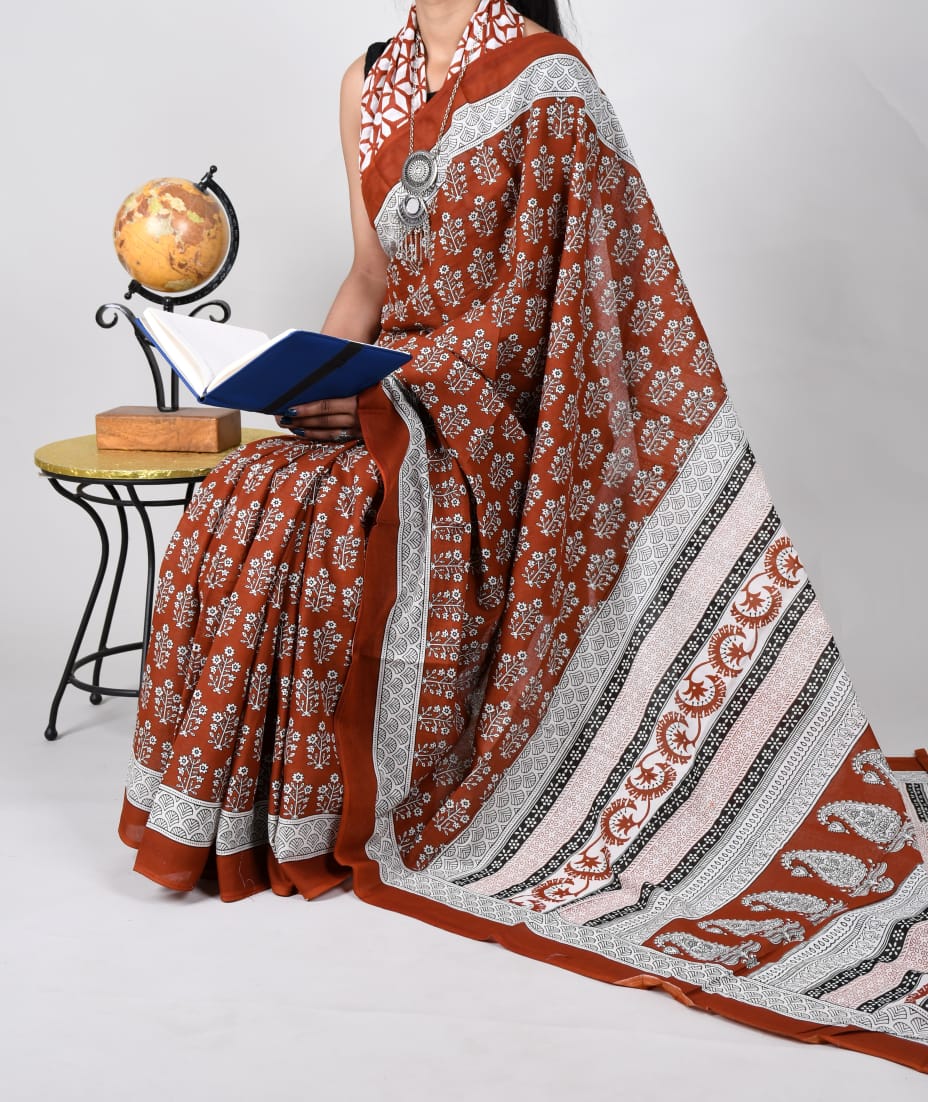 Bagru Natural Hand Block Print Cotton Mulmul Saree With Blouse Style 1