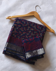 Bagru Hand Block Printed Linen Saree With Blouse Style 1