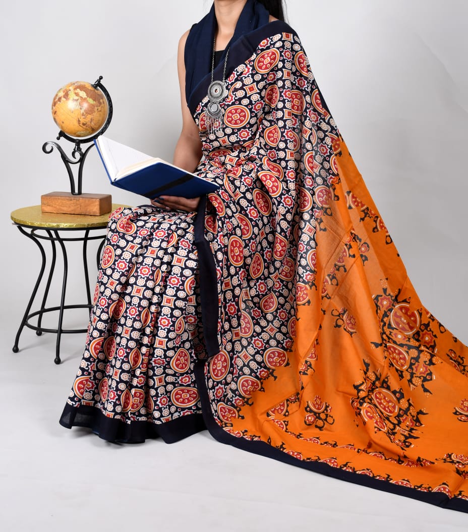 Bagru Natural Hand Block Print Cotton Mulmul Saree With Blouse Style 5