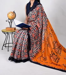 Bagru Natural Hand Block Print Cotton Mulmul Saree With Blouse Style 5