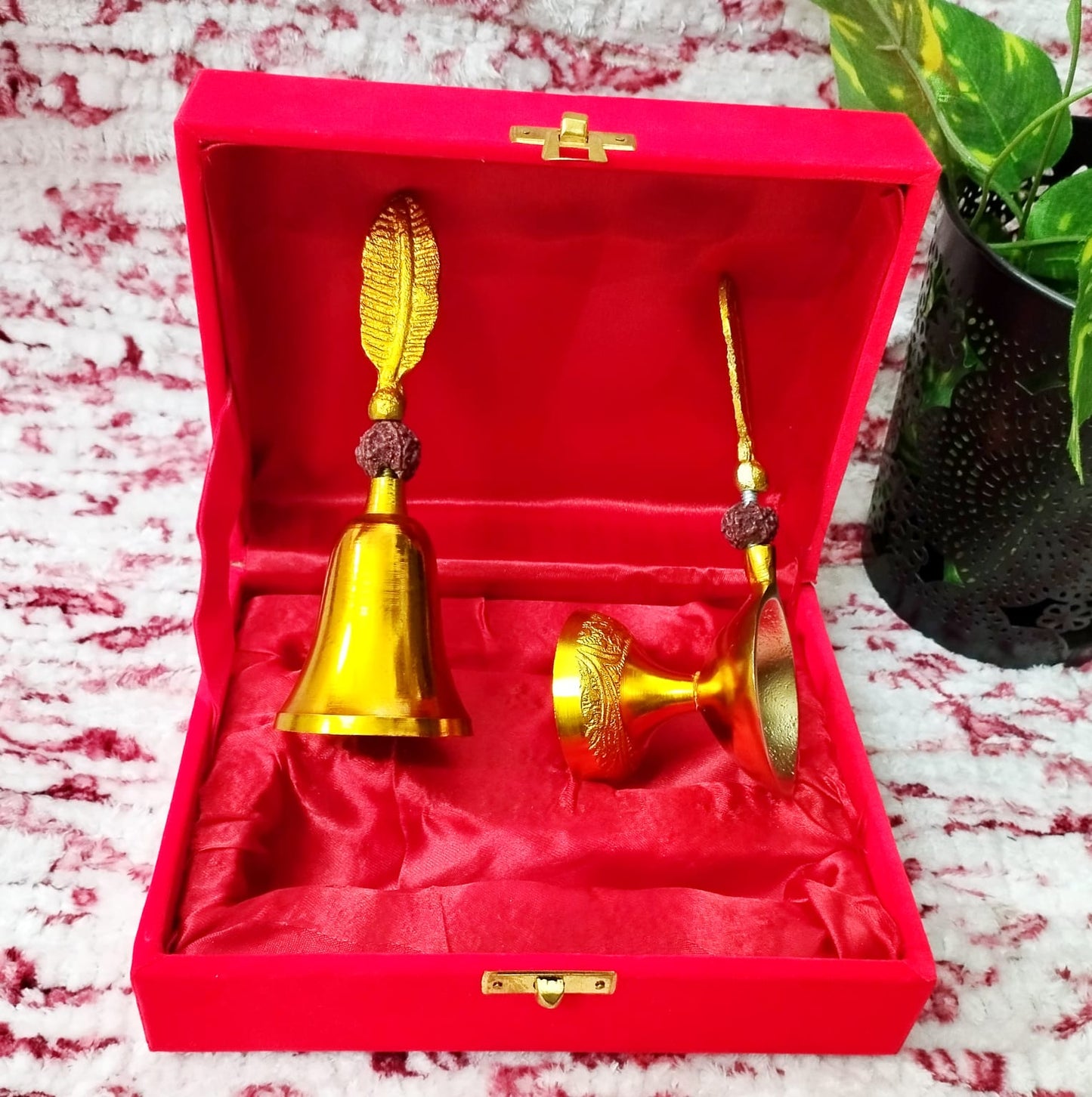 Brass Finish Red Gift Box 1 Bell 1 Diya