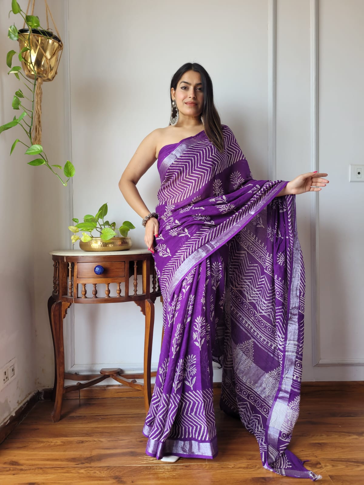 Bagru Hand Block Printed Linen Saree With Blouse
