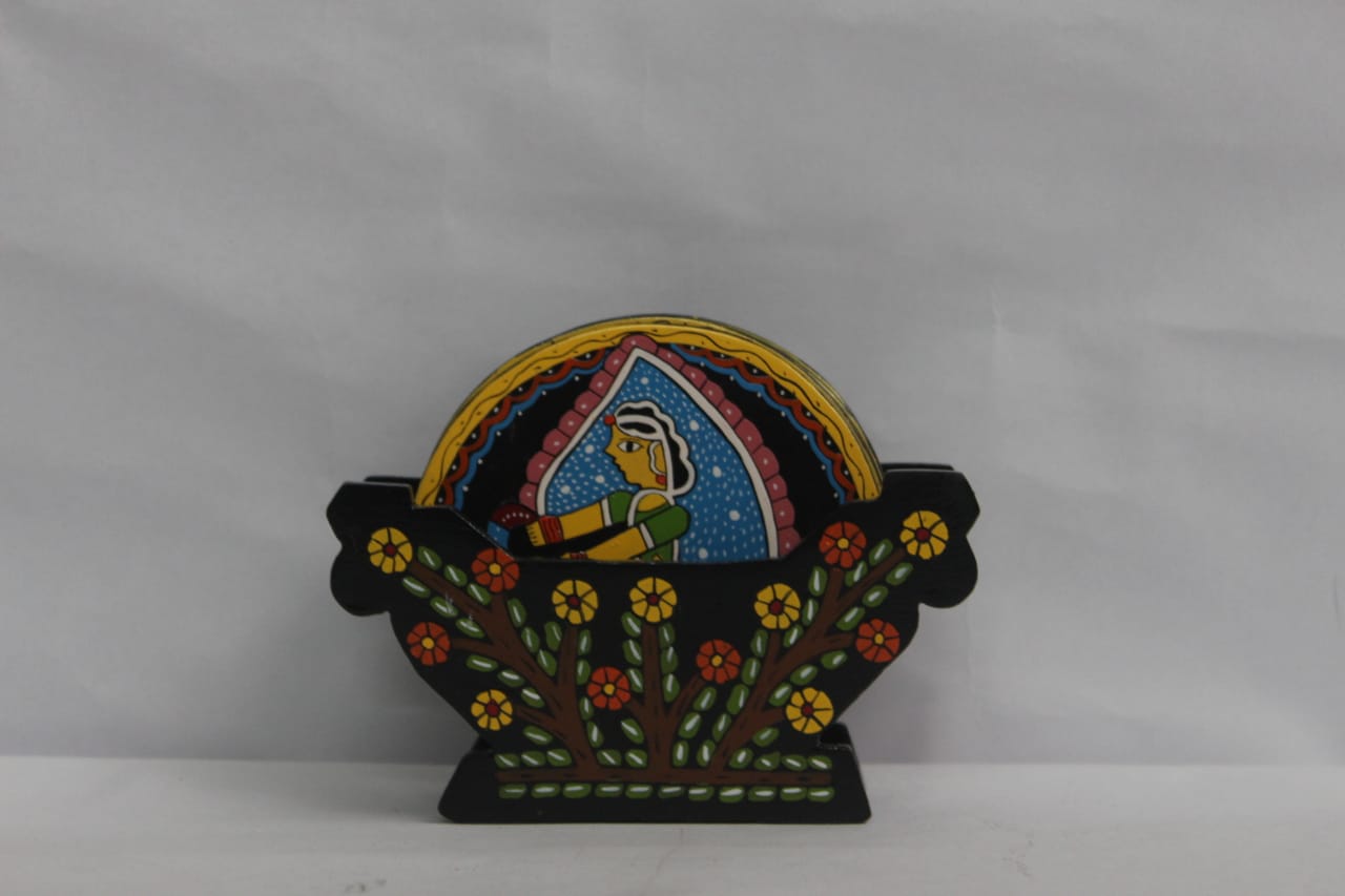 Beautiful Tikuli Art Four Round Coaster Set With Holder
