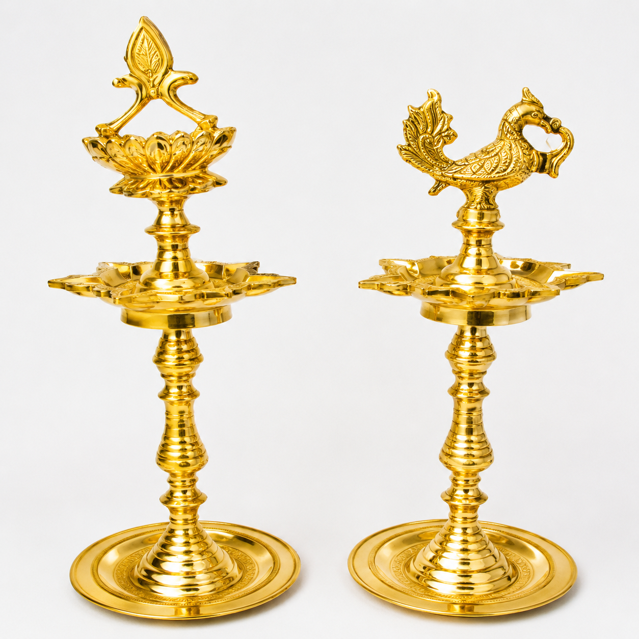 Nachiarkoil Brass Lamp with Annapachi and Thamarai - 16 Inches -Set of 2
