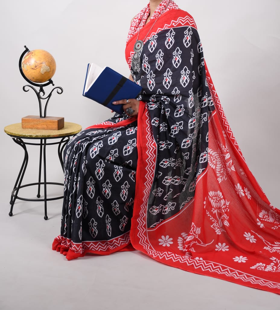 Bagru Natural Hand Block Print Cotton Mulmul Saree With Blouse Style 1