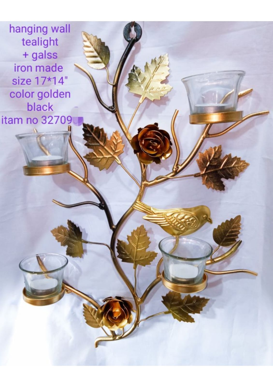 Birds Candle Wall Hanging With 4 Glass Plus 4 Wax Candle Iron Made