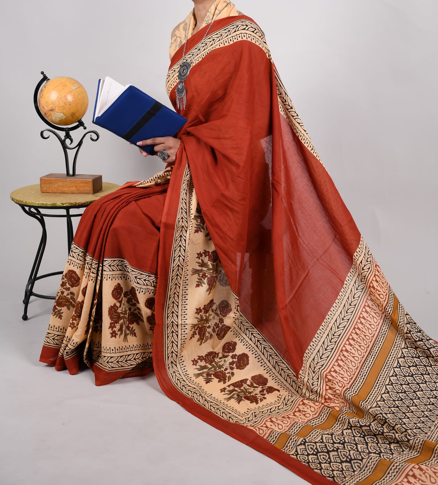 Bagru Natural Hand Block Print Cotton Mulmul Saree With Blouse Style 1