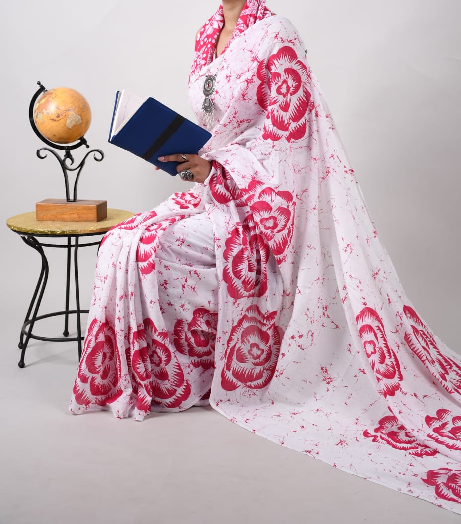 Bagru Natural Hand Block Print Cotton Mulmul Saree With Blouse Style 3