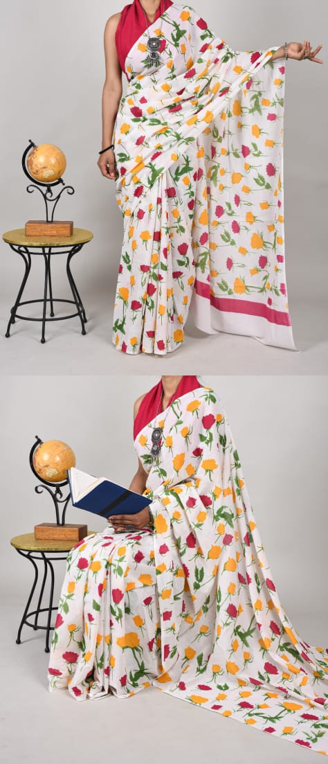 Bagru Natural Hand Block Print Cotton Mulmul Saree With Blouse Style 3