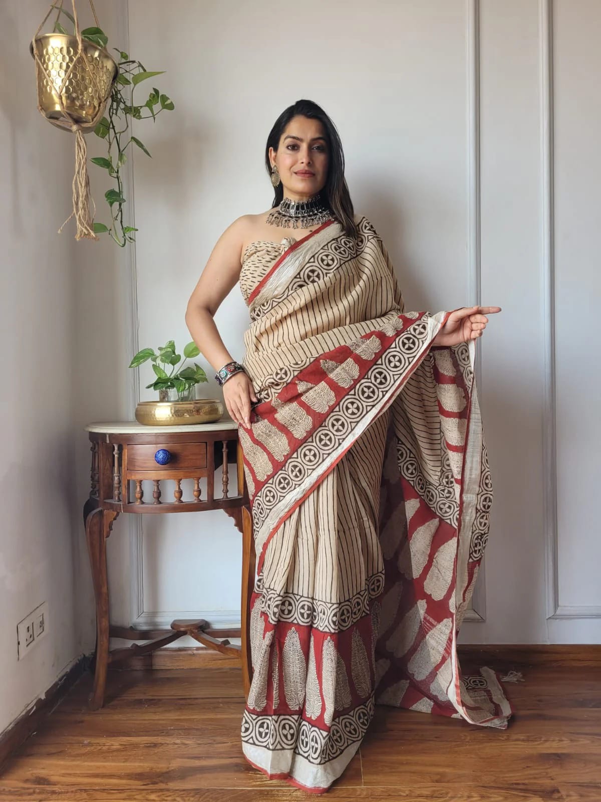 Bagru Hand Block Printed Linen Saree With Blouse