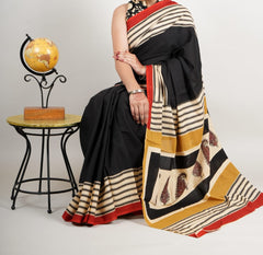 Bagru Natural Hand Block Print Cotton Mulmul Saree With Blouse Style 3