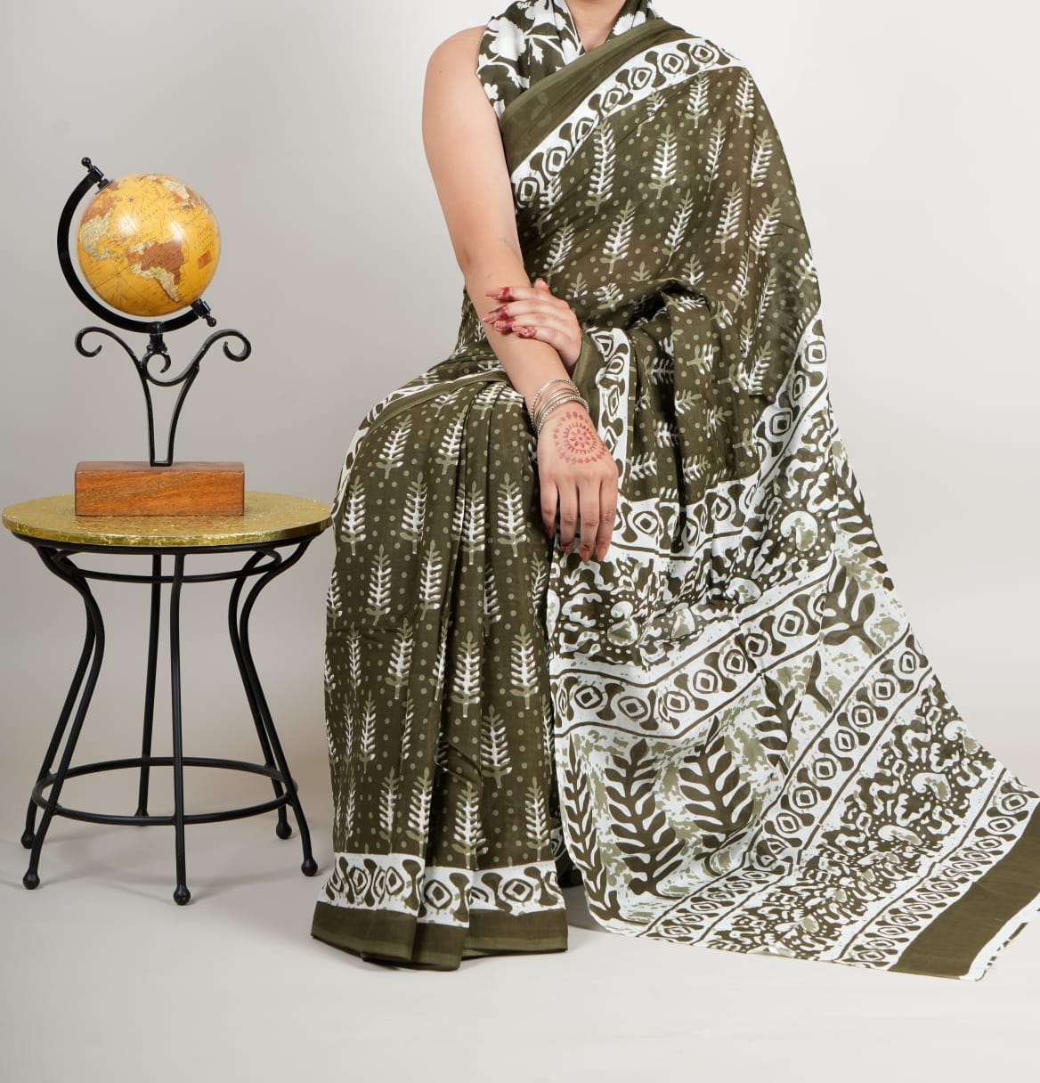 Bagru Natural Hand Block Print Cotton Mulmul Saree With Blouse Style 3