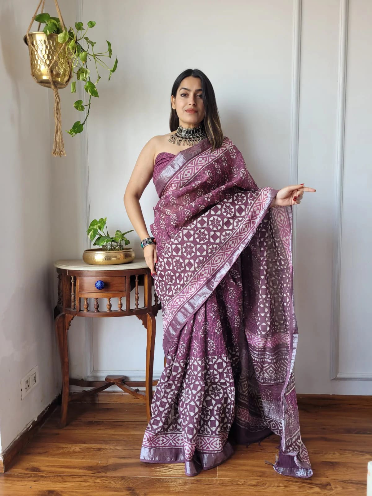 Bagru Hand Block Printed Linen Saree With Blouse