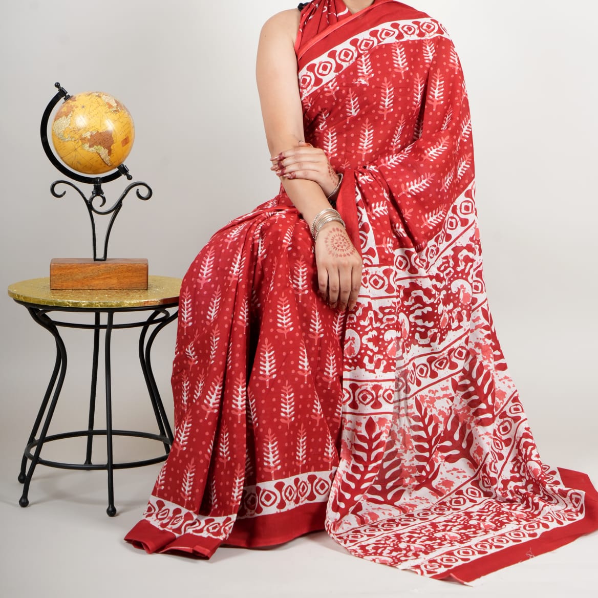 Bagru Natural Hand Block Print Cotton Mulmul Saree With Blouse Style 3