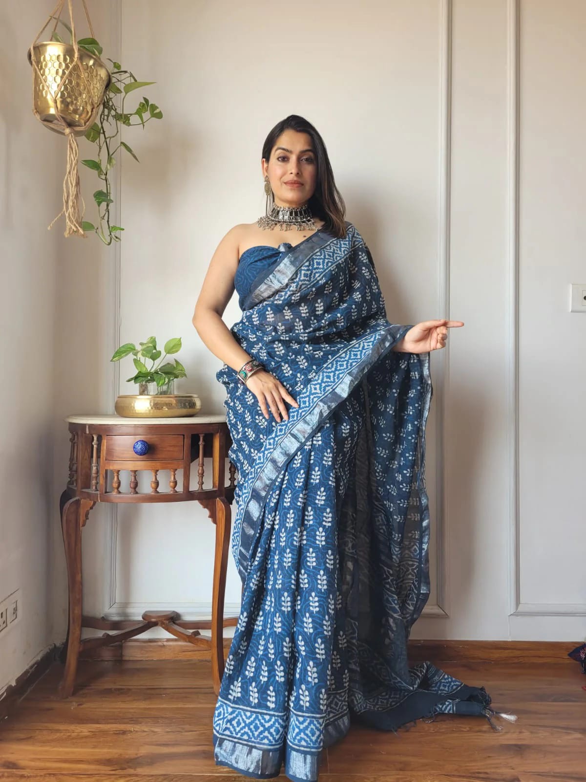 Bagru Hand Block Printed Linen Saree With Blouse