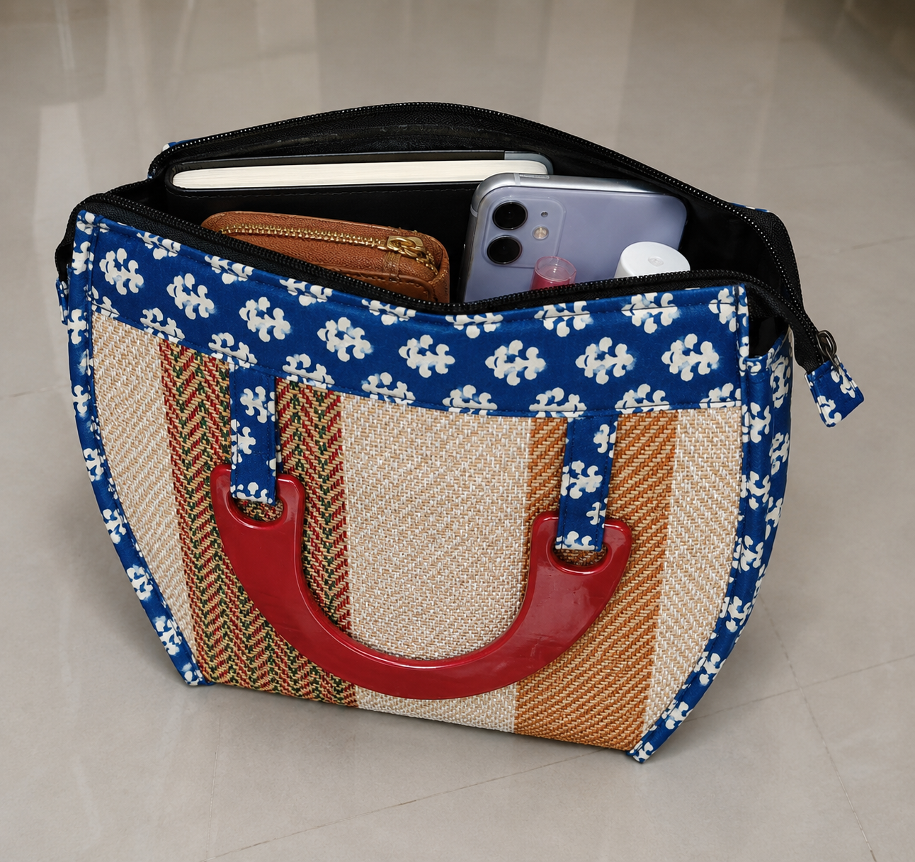 Ladies Hand Bag With Wooden Carrier - Blue