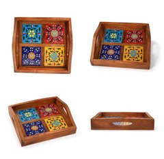 Blue Pottery Wooden Tray 4 Tiles