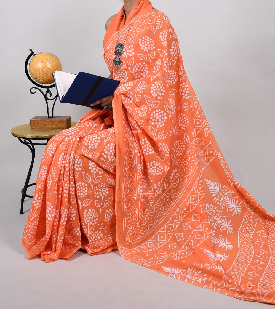 Bagru Natural Hand Block Print Cotton Mulmul Saree With Blouse Style 3
