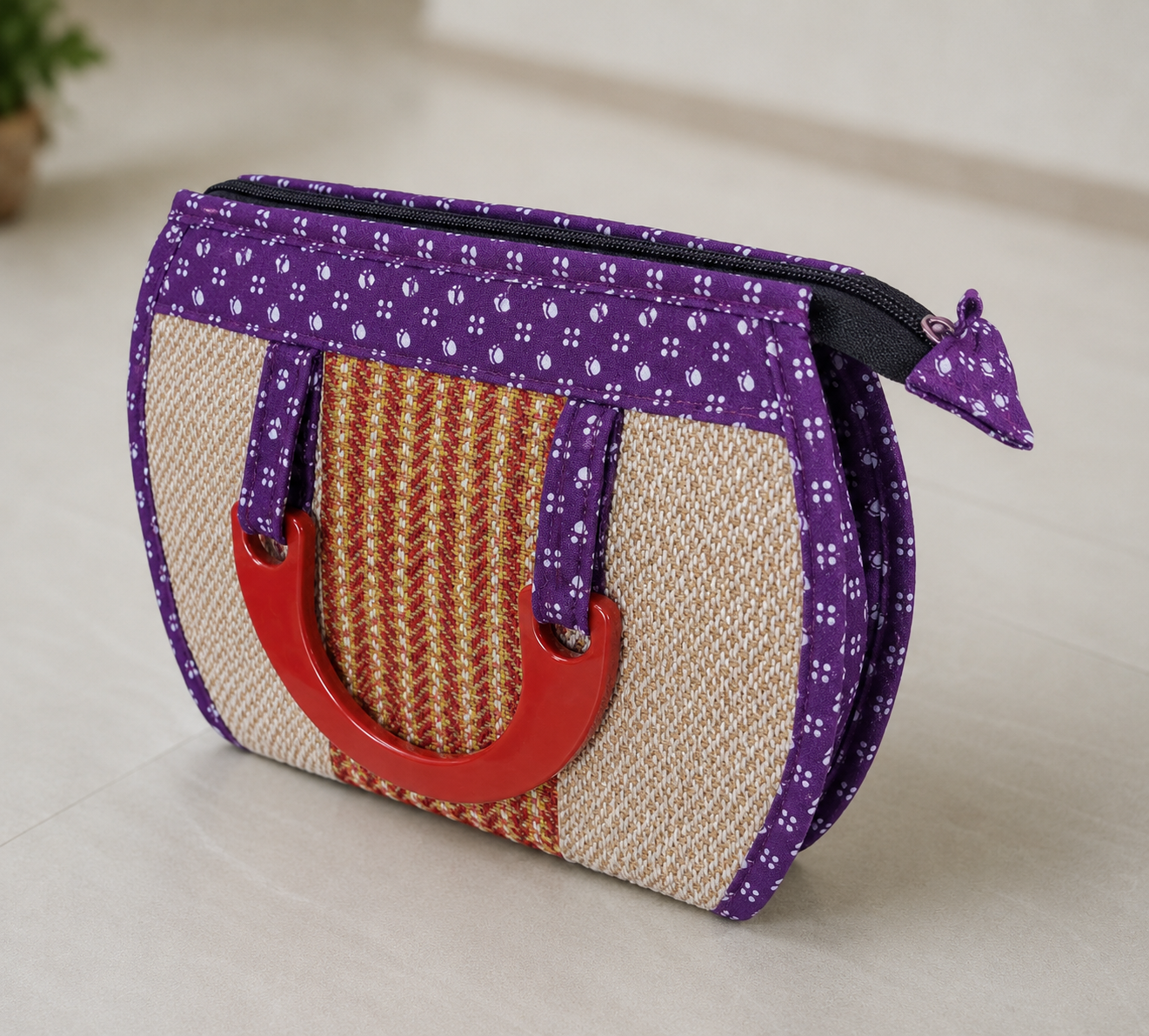 Ladies Hand Bag With Wooden Carrier - Purple