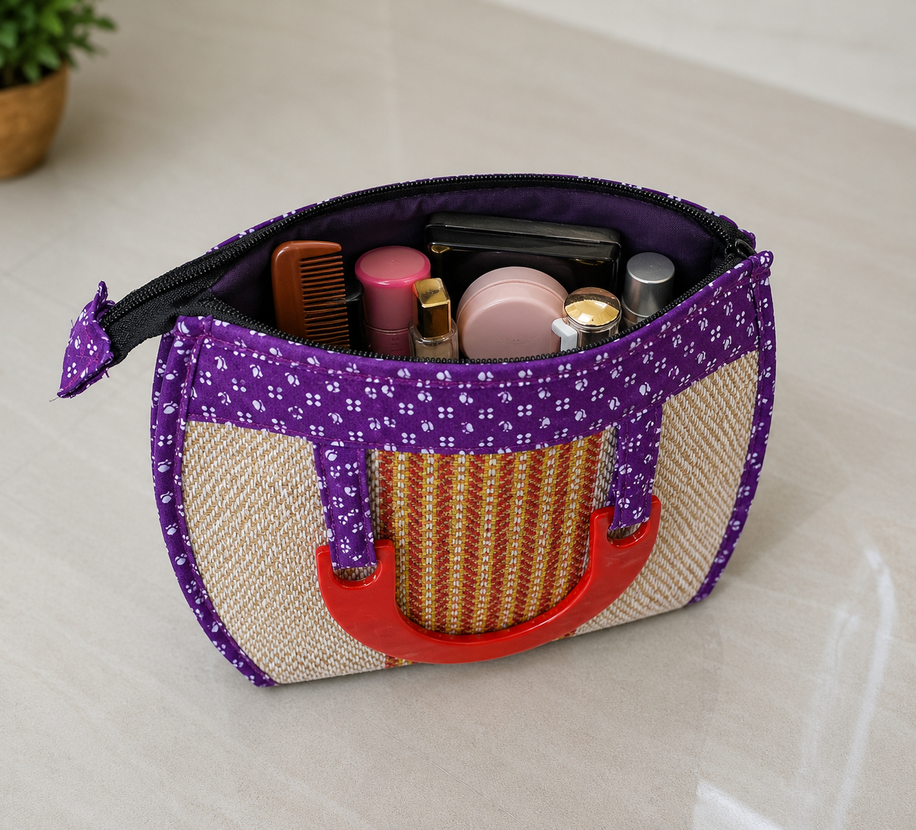 Ladies Hand Bag With Wooden Carrier - Purple