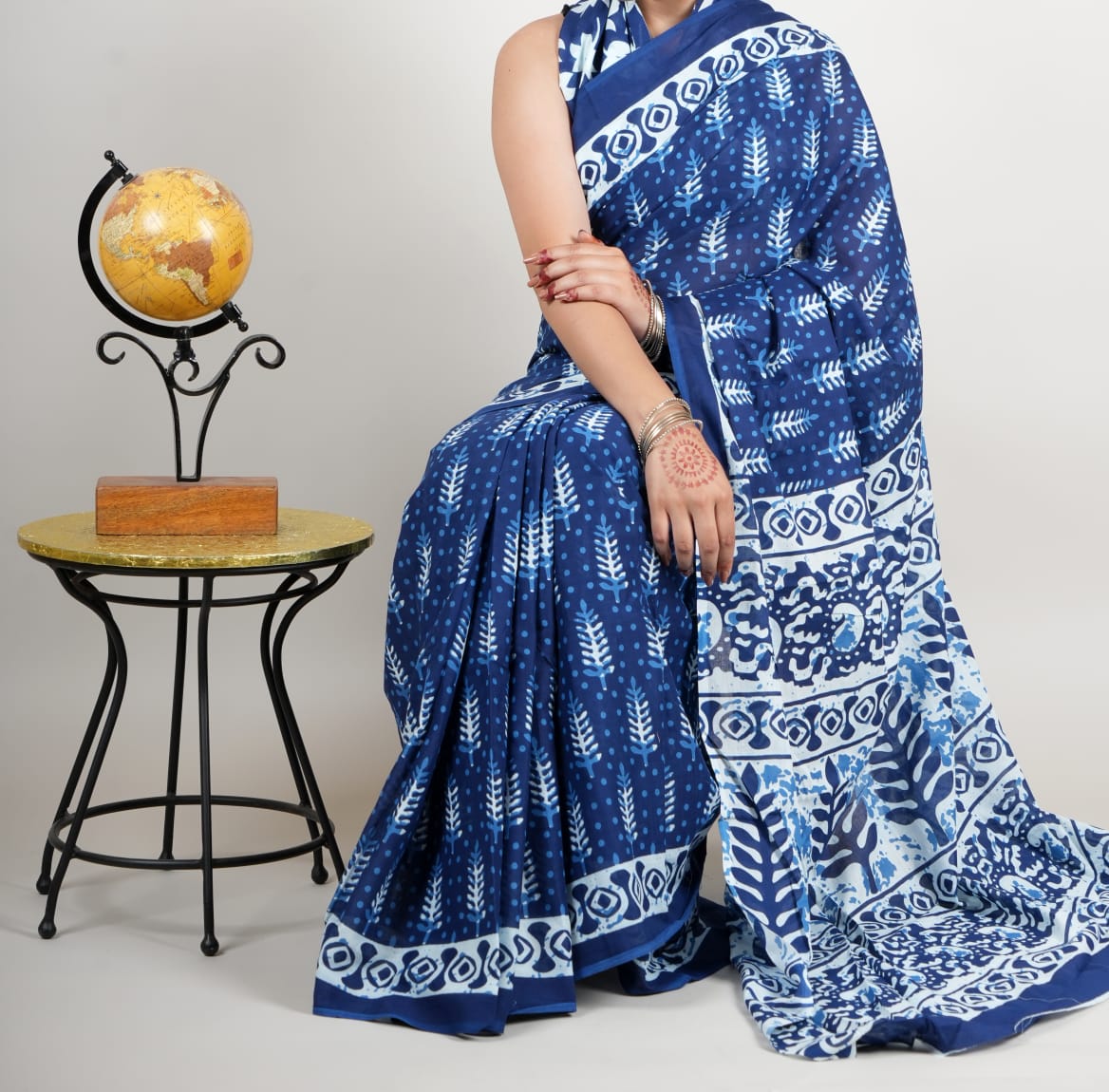 Bagru Natural Hand Block Print Cotton Mulmul Saree With Blouse Style 3