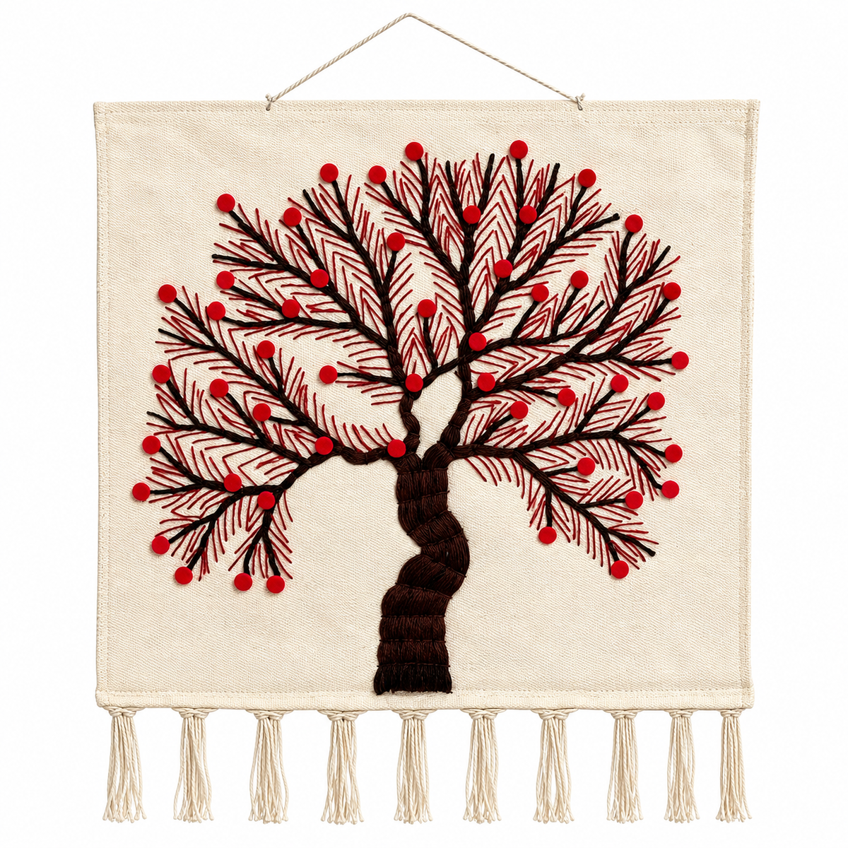 Jute Wall Hanging of Tree with Red Flowers